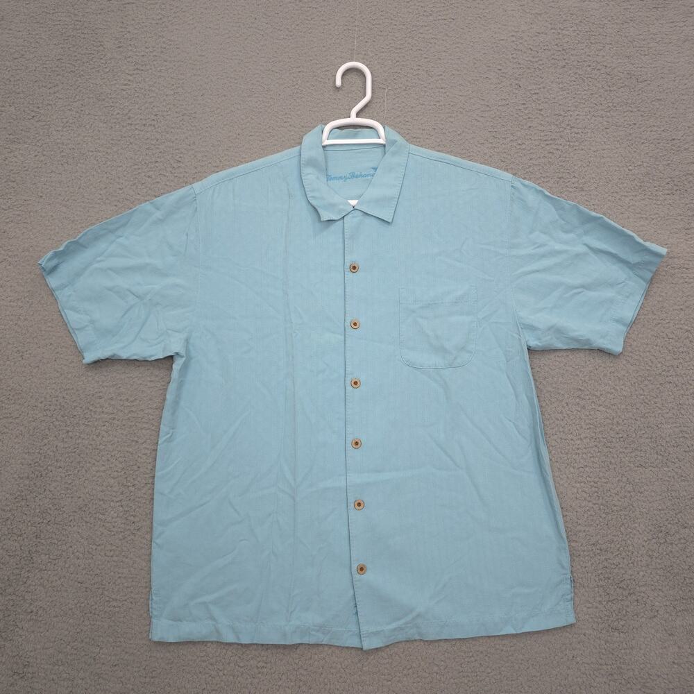 Tommy Bahama Camp Shirt Large Silk Blue Striped Short Sleeve Relaxed Fit Button